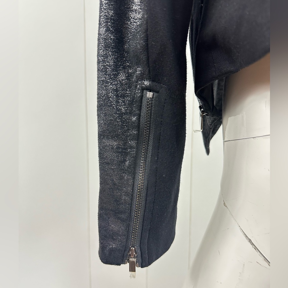 Cache Sz S Black Coated Drape Open Front Cardigan Sweater Side & Sleeve Zip - Picture 7 of 13